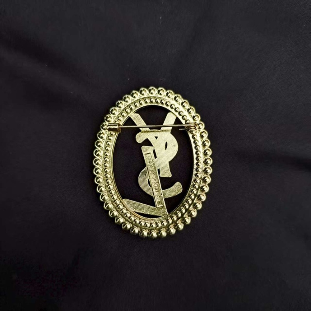 Yves Saint Laurent Vintage Gold Brooch YSL Logo With Stones And Pearls - Picture 2 of 6